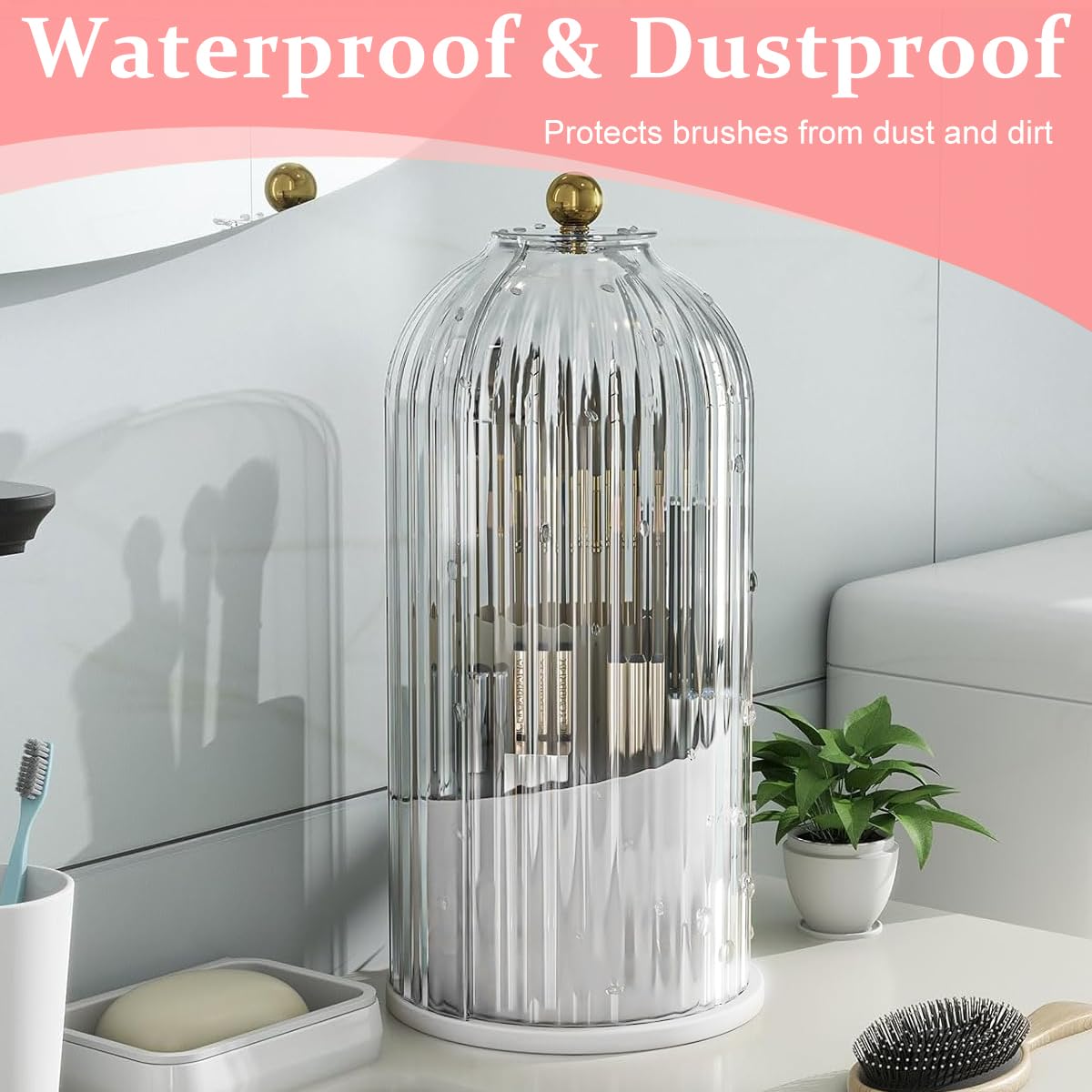 MAYCREATE Makeup Brush Holder Organizer with Lid, 360° Rotatable Makeup Brushes Storage Case, Dustproof Clear 3-Grid Cosmetic Organizer Stand for Vanity Desktop Bathroom