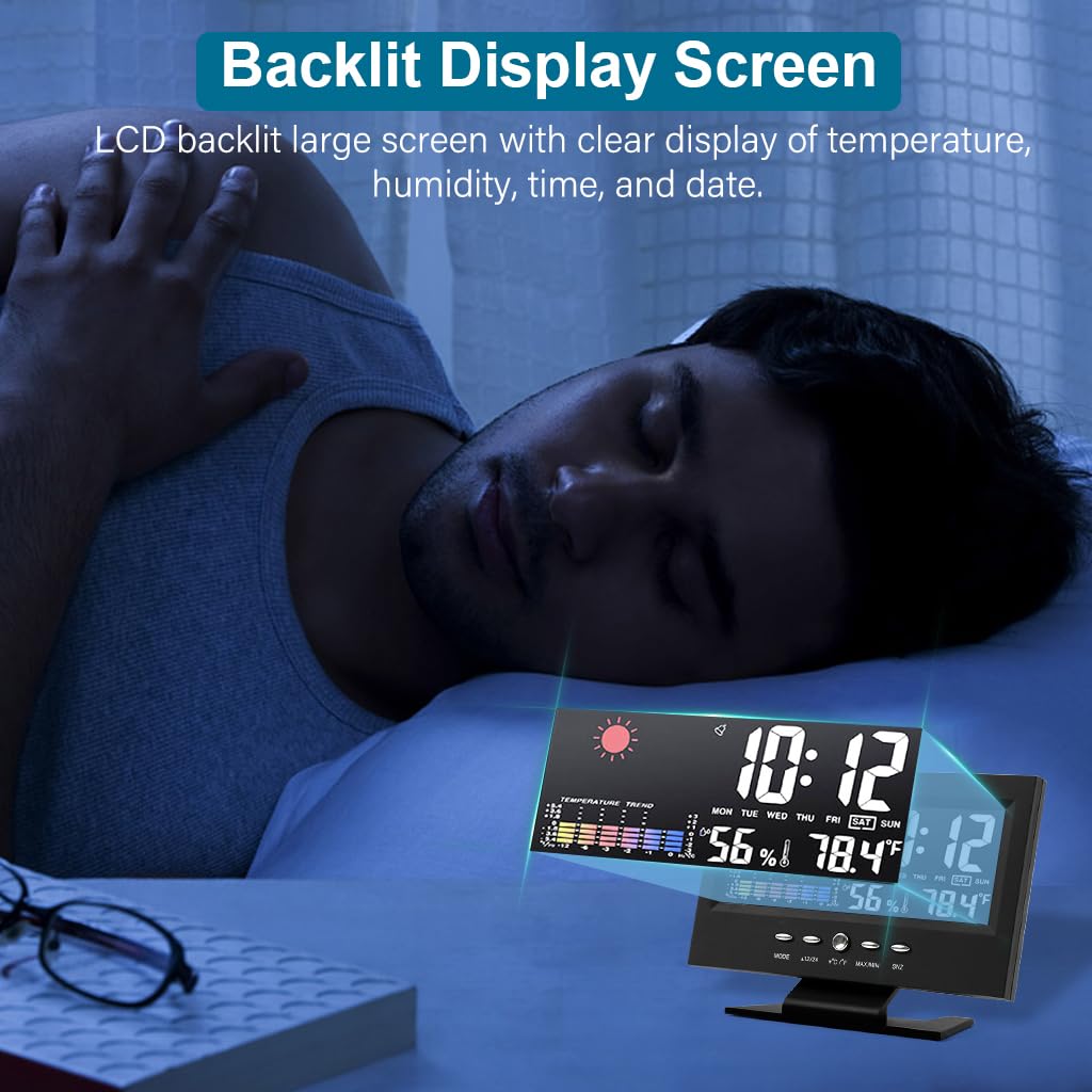 HASTHIP LCD Digital Thermometer Hygrometer Multifunctional Digital Thermometer Hygrometer with Alarm Clock, Weather Station USB Desk LCD Digital Thermometer Hygrometer for Home, Bedroom, Office