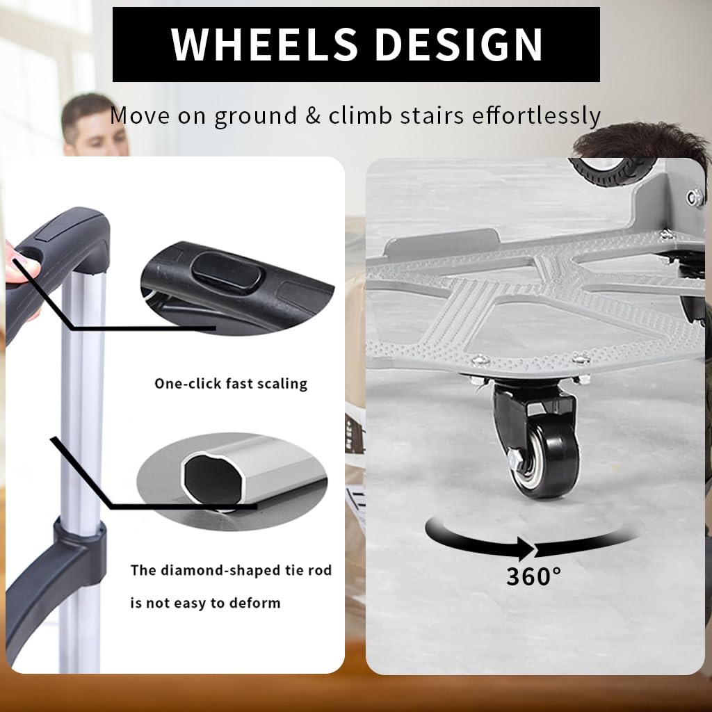 Serplex Hand Truck Trolley Folding Stair Climbing Cart with Adjustable Handle Height, 165 lbs Load Capacity, Aluminium Hand Truck Cart Multipurpose Dolly for Warehouse Shopping (6+4 Small Wheels)