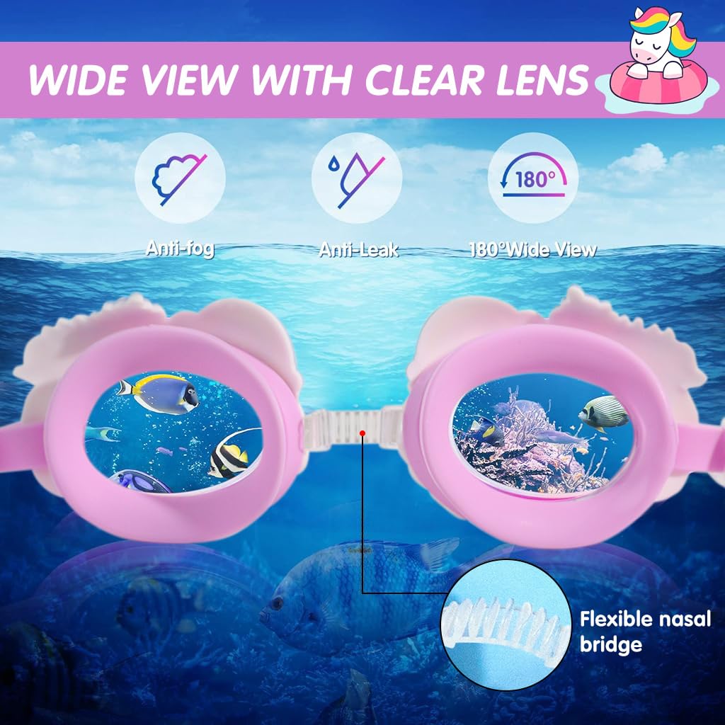 Proberos Kids Swimming Goggles, Grils Adjustable Strap Goggles for Swimming, Rainbow Horse Waterproof Swimming Goggles Swimming Goggles Anti-Fog, UV Protection for Kid(Age 3-10)