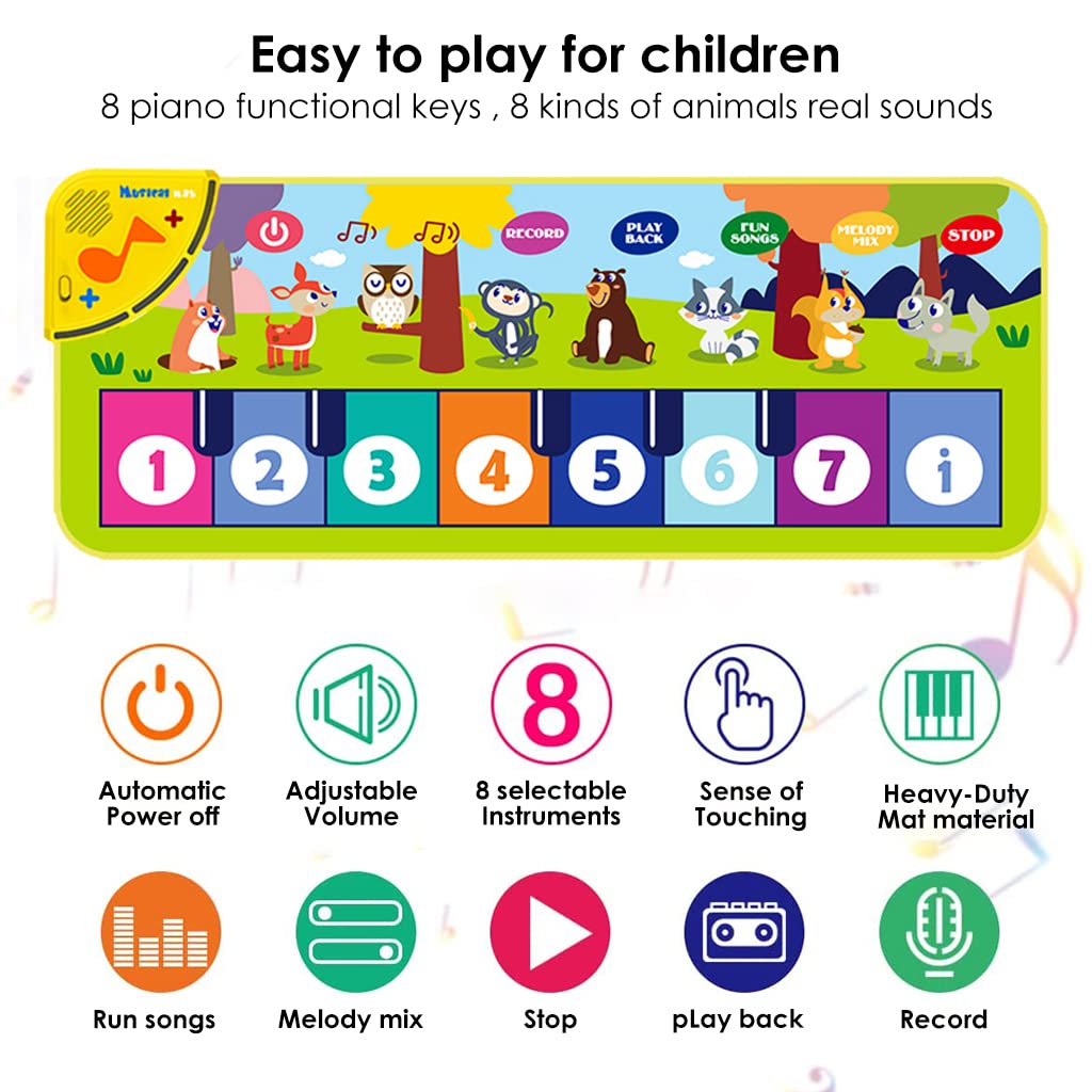 PATPAT Musical Mat for Kids,Piano Keyboard Dance Floor Mat Carpet Animal Blanket Touch Mat Musical Toys Early Education Toys for Girls Boys 1-3 Years Old(Mini Size for Hand Press 31.5x11.8in)