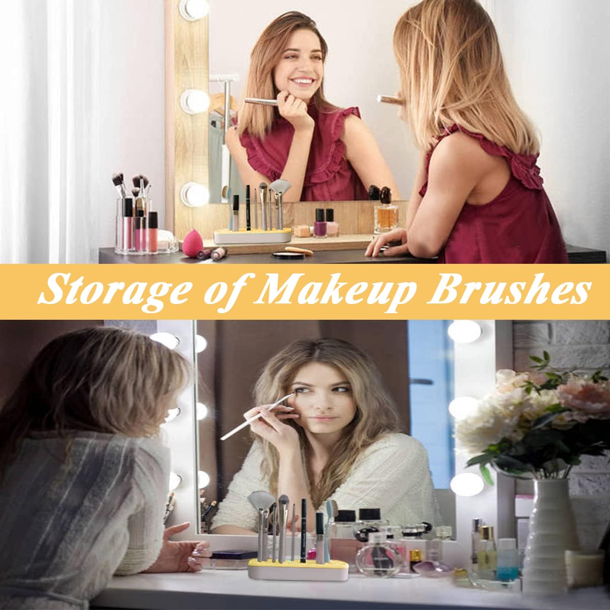 MAYCREATE Silicone Makeup Brush Holder Multi Slots Makeup Brush Organizer Desktop Makeup Brushes Storage Stand Space Saving Make Up Brush Drying Holder - Yellow