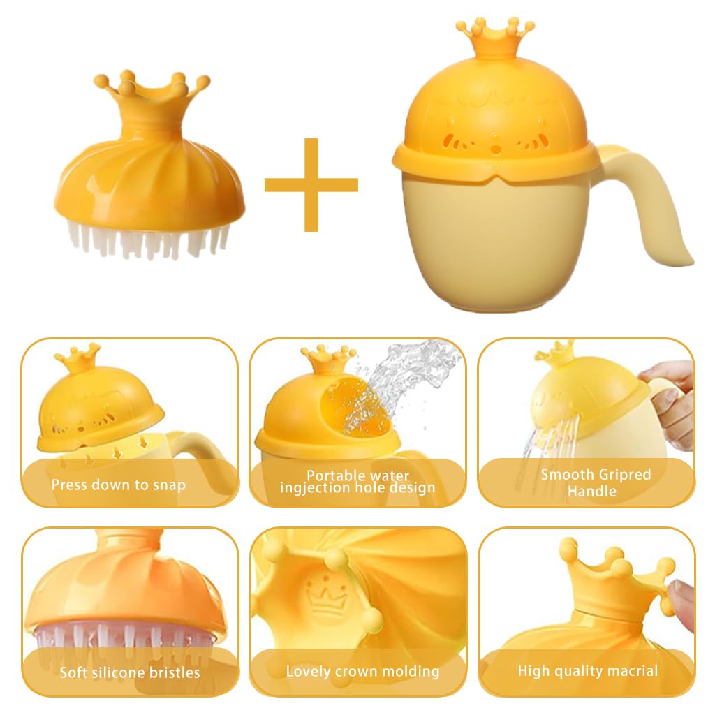 SNOWIE SOFT Baby Shower Cap Hair Brush Rinse Cup Soft Silicone Crown Cap Bath Cap Protecting Eye & Ear Adjustable Baby Shower Crown Cap Baby Shower Gift, Yellow