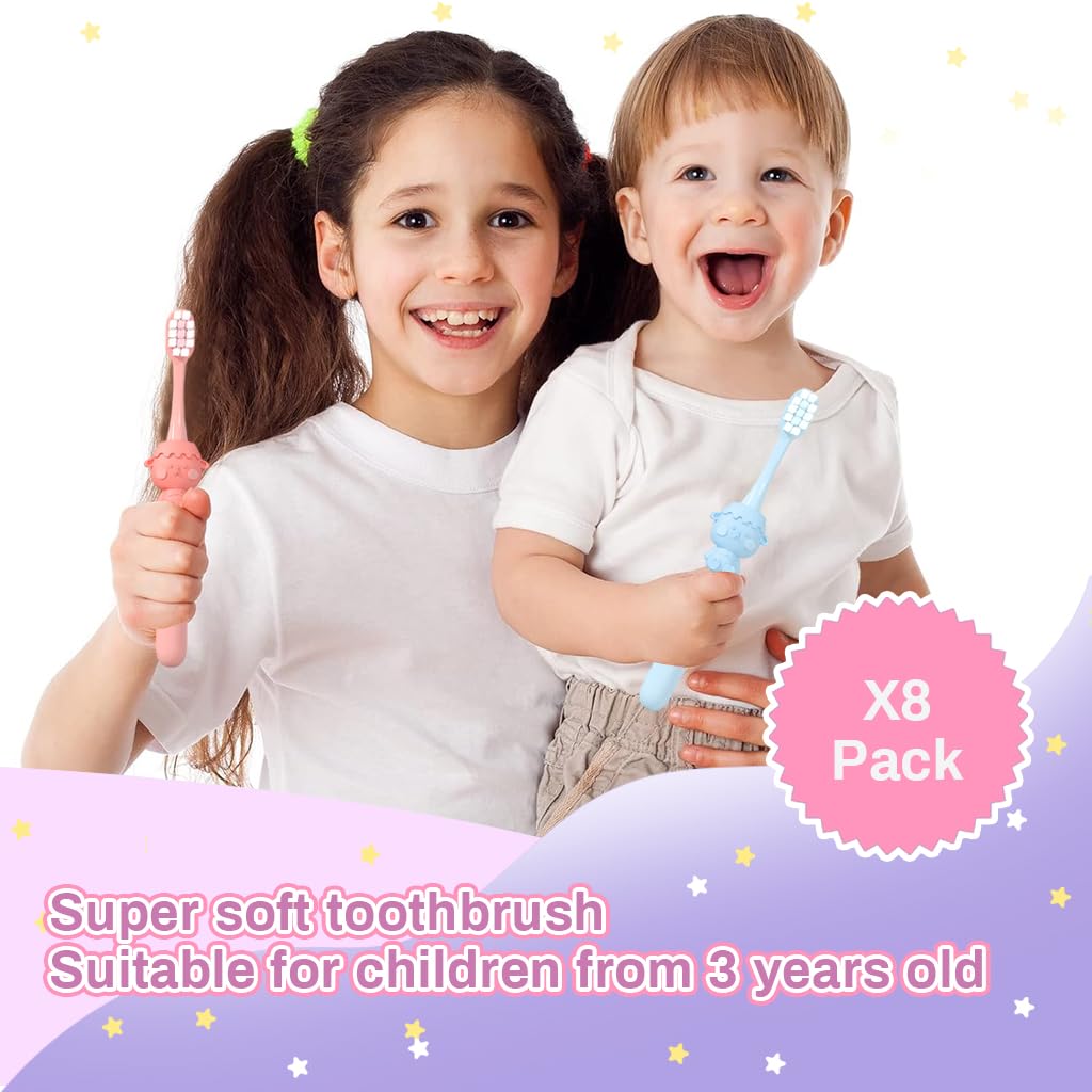 HANNEA 8pcs Kids Toothbrush Soft Bristles Toothbrush Cute Cartoon Kids Toothbrush for Kids 3-12 Years Old Gentle Bristles Toothbrush Anti-slip Rubberized Handle Design