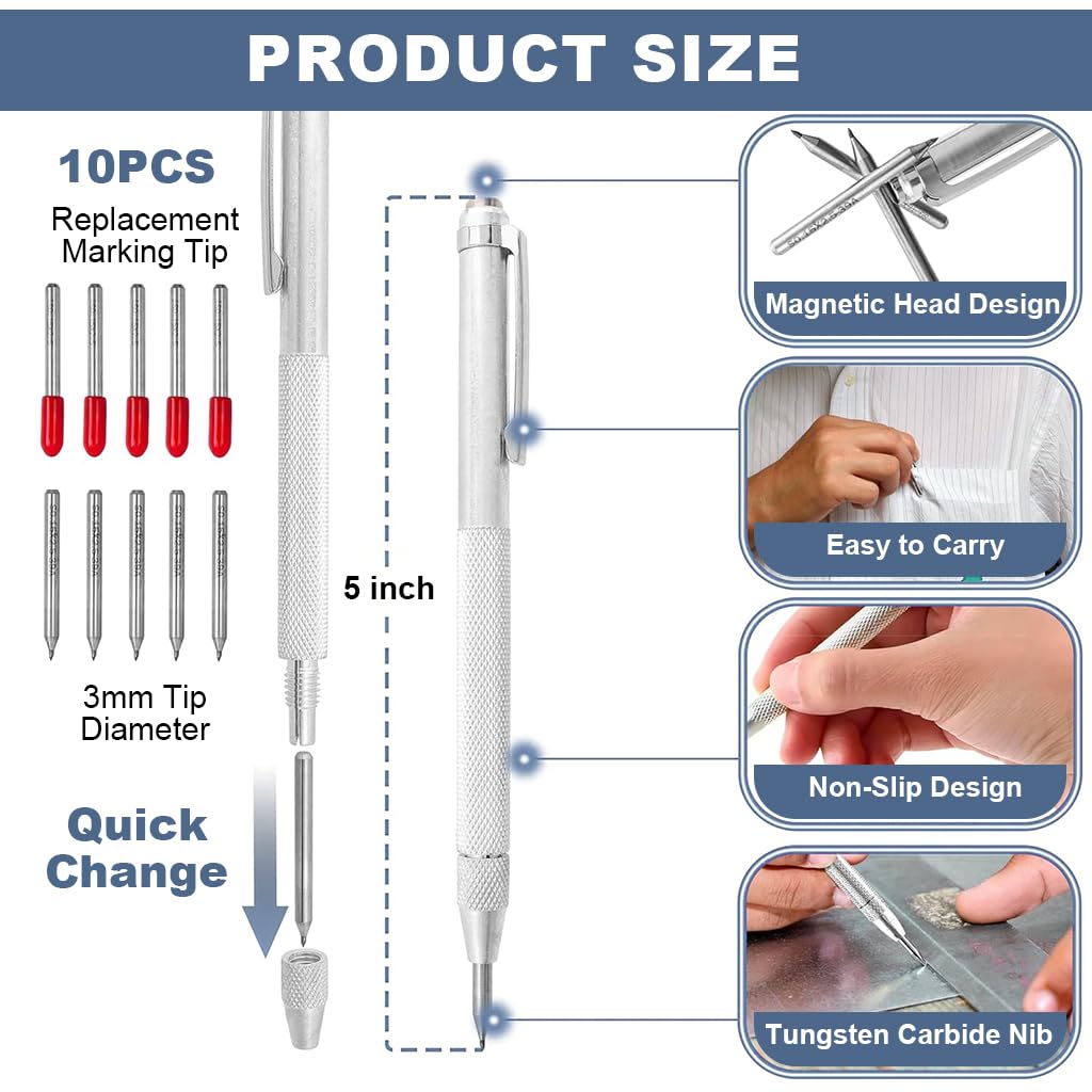 Serplex 2Pcs Tungsten Scribers with 10 Interchangeable Tungsten Tips Anti-Slip Pocket Tungsten Scriber with Strong Magnet Cap Multipurpose Tungsten Carbide Scribers for Glass/Ceramics/Metal Sheet