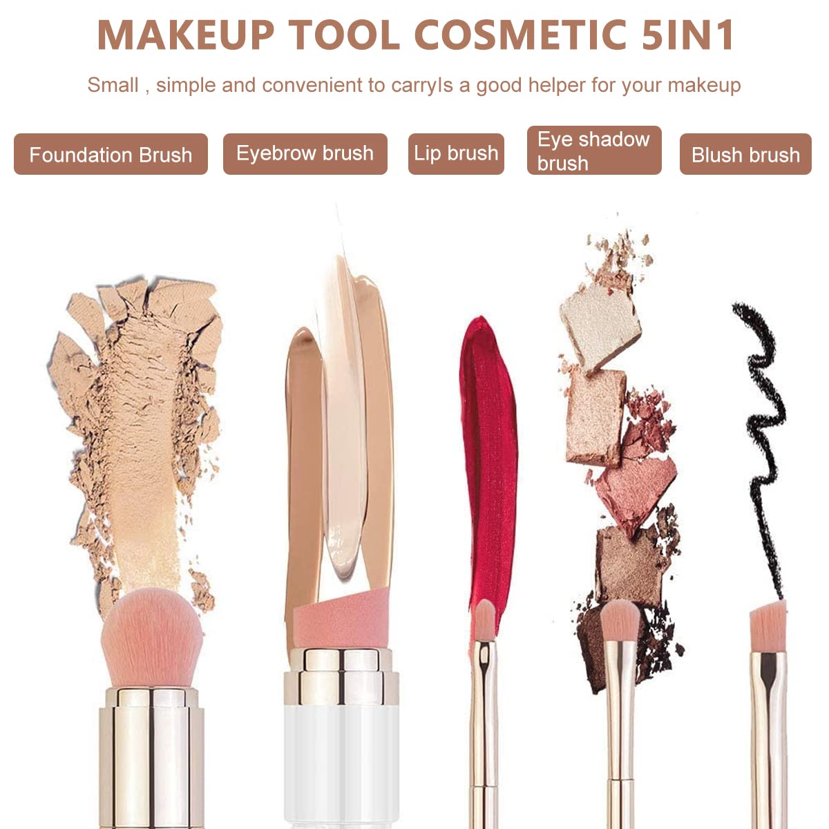 MAYCREATE 5 in 1 Makeup Brush Set, Includes Foundation Brush, Face Brush, Lip Brush, Eyeshadow Brush and Eyebrow Brush, Travel Portable Mini Cosmetic Make Up Brushes Kit
