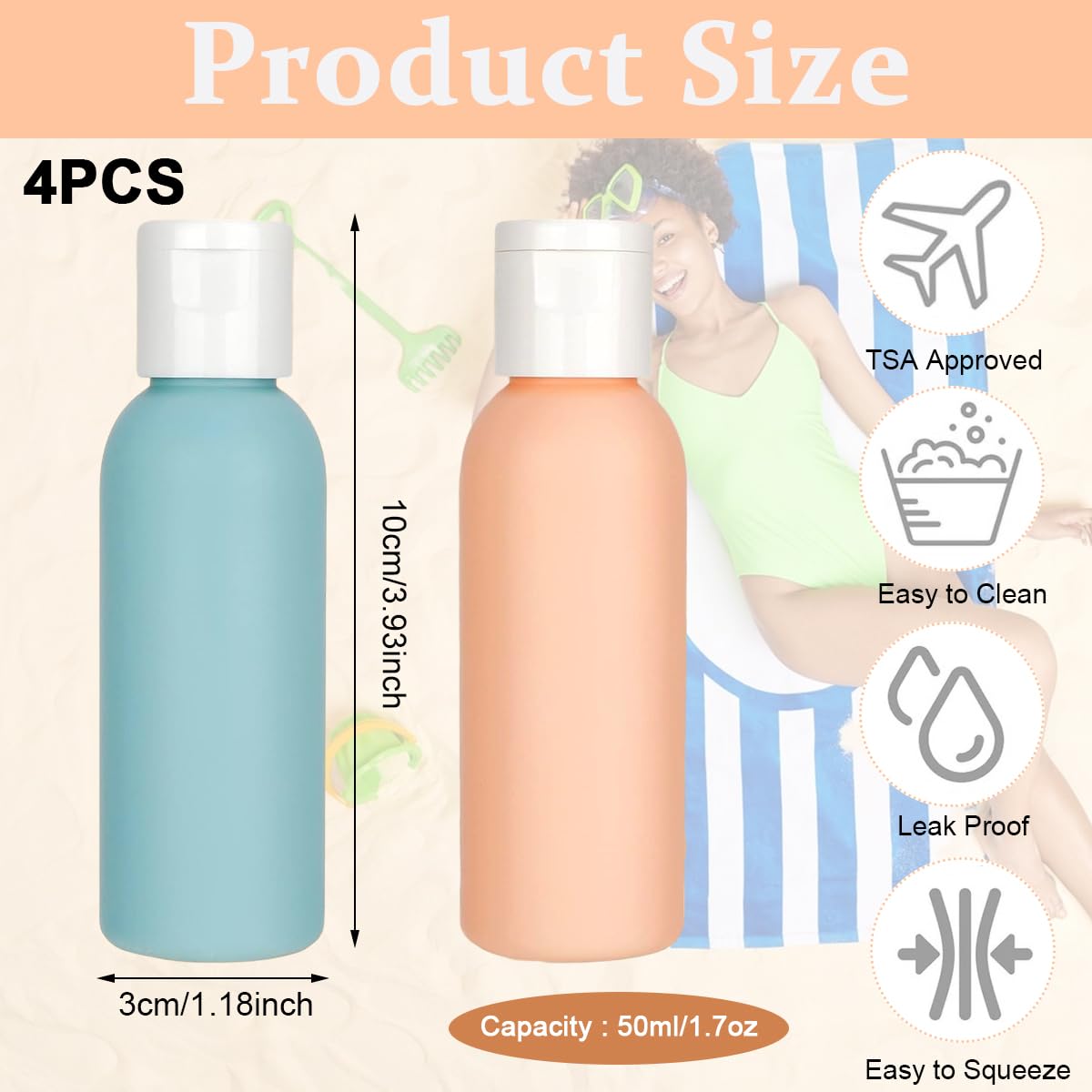 MAYCREATE 4pcs 60ml Travel Bottles for Toiletries, Refillable PE Travel Containers with Lid, Lotion Jars Travel Shampoo Dispenser Travel Bottle for Cream, Toiletries, Gel, Hand Sanitizer
