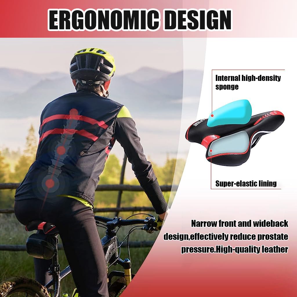 Optifit Cycle Seat with Red Reflective Safety Strip, Universal Memory Foam Bicycle Seat Waterproof Breathable Shock Absorbing Bike Saddle for Bike Mountain Bike