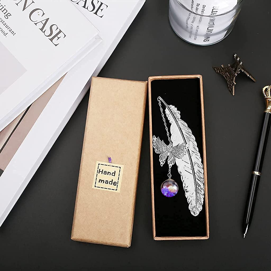 HASTHIP Metal Feather Bookmark with Glass Beads Pendant, Vintage Feather Butterfly Bookmark for Reading Enthusiasts and Gifting, Bookmark Gift for Teachers Women (Silver Bookmark, Purple Flower)