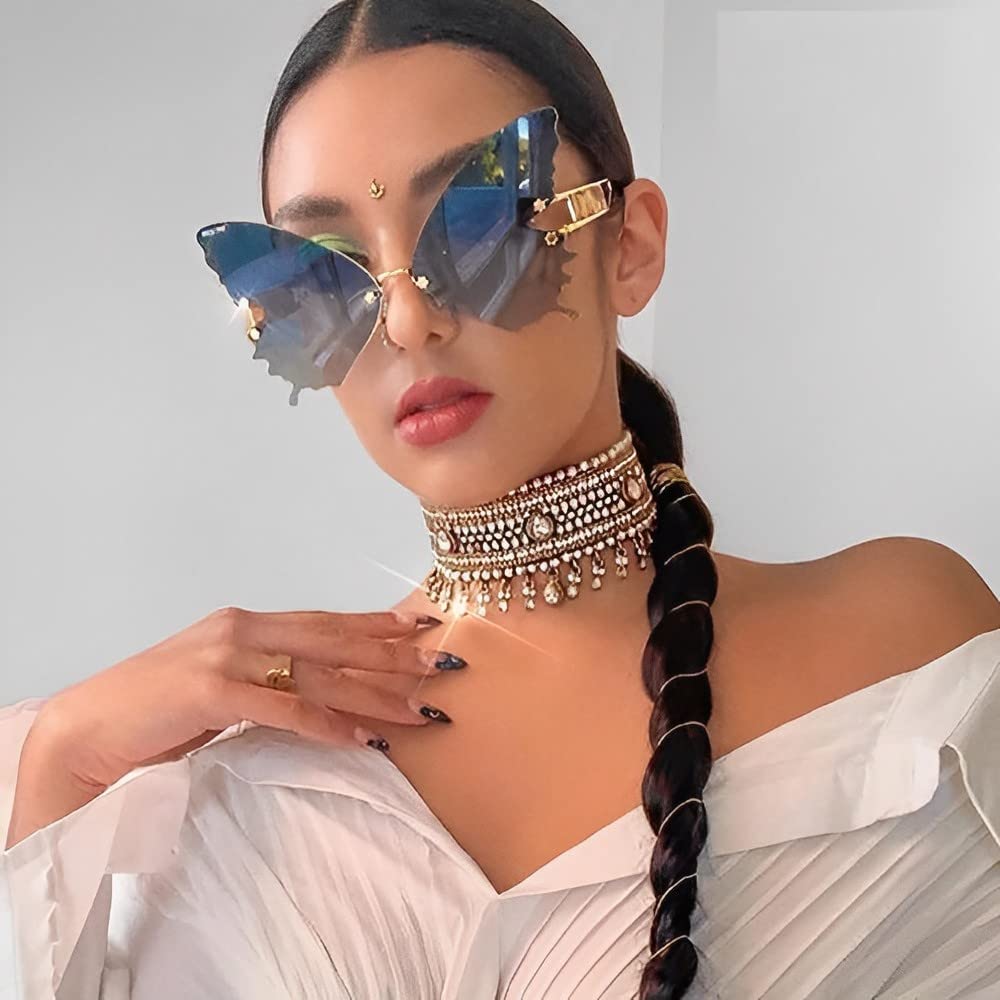 PALAY Designer Sunglasses for Women Ladies Stylish Frameless Butterfly Sunglasses Gradient Blue Sunglasses with Storage Case Sun Glare Glasses for Women(Blue)