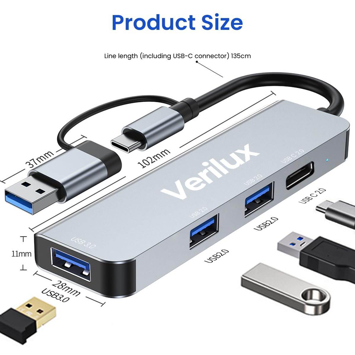 Verilux USB Hub 3.0 for PC Type C Hub 4 in 1 High Speed 3.0+2.0 Multi USB Port for Laptop & Type-C 2.0 Port 5Gbs Transfer Speed USB Extender Multiple USB Connector for MacBook Air/Pro M1/M2, iPad Pro