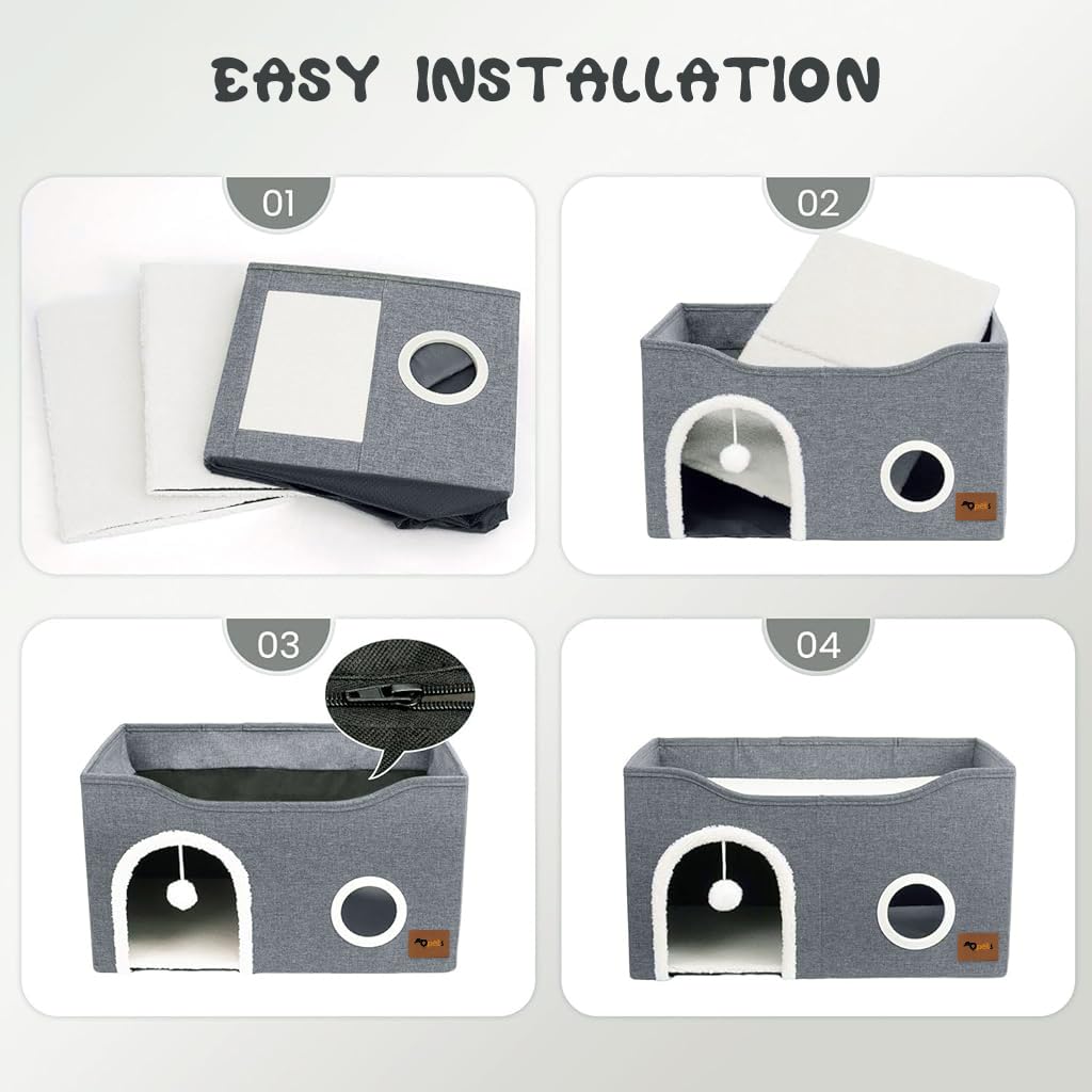 Qpets Cat Bed, Large Cat House, Foldable Cat Cave for Pet Cat House with ATOP Platform & Cat Scratcher Board, Double Layer Cat House Cat Hidewawy Game Tunnel for All Season Use