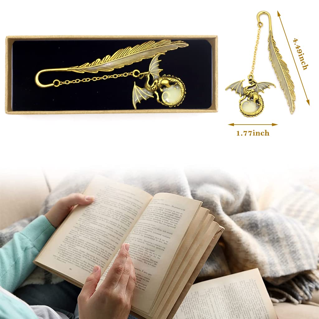 HASTHIP Metal Feather Bookmark Glow in The Dark, Vintage 3D Golden Dragon Bookmark for Reading Enthusiasts and Gifting, Bookmark Gift for Teachers Women Student, Mothers Day, Christmas Gifts