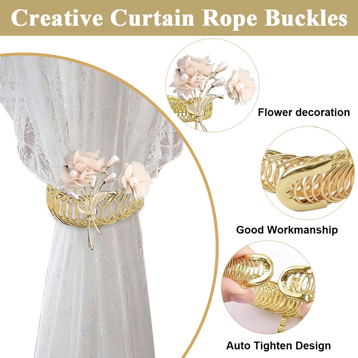 HASTHIP Curtain TieBacks, 2 Pack Pearl Curtain Tie Backs, Modern Decorative Curtain Holdbacks Holder with Elastic Cord Drapes Clips Buckle