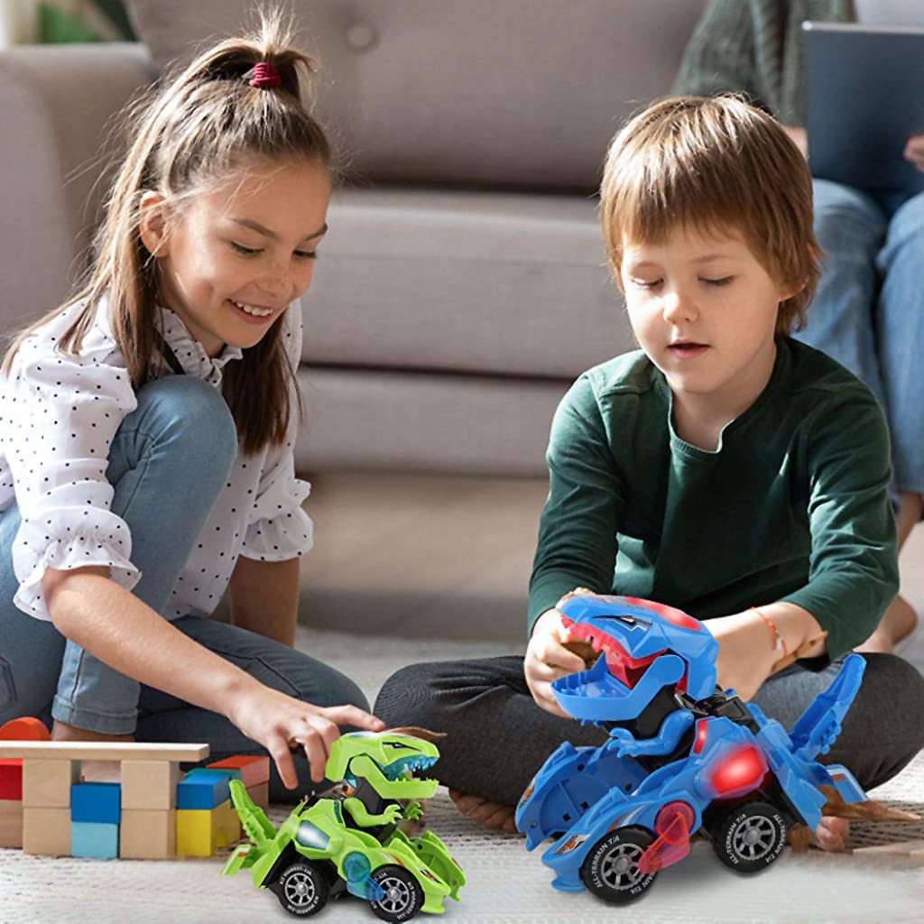 PATPAT Transformers Toys Transforming Dinosaur Car Toys, Transforming Dinosaur LED Car with Light and Music, 2 in 1 Automatic Dinosaur Transformer Car Toy, Dinosaur Toys for Kids Boys Girls - Green