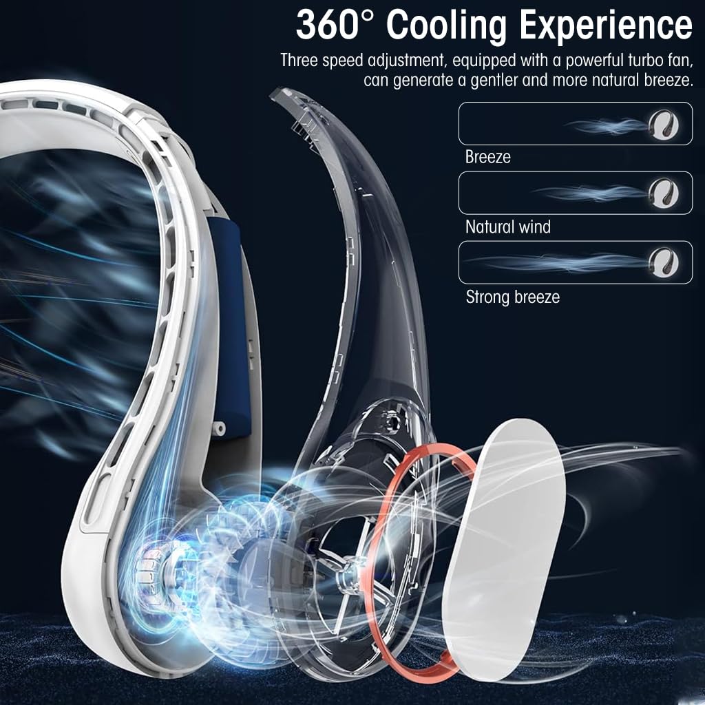 HASTHIP Portable Neck Fan - Quiet 360° Air Flow Mini Neck Fan, 3600mAh Rechargeable USB Neck Fan with 3-Speed, Adjustable Bladeless Neck Fan for Travel, Walking, Commuting, Indoor Use (White)