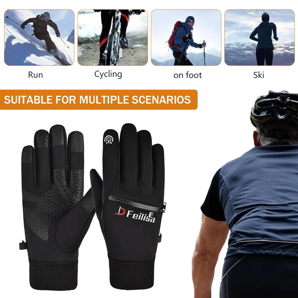 Proberos Winter Riding Gloves Touch Screen Thermal Gloves with Zipper Pouch Silicone Anti-slip Palm Design Winter Outdoor Fashion Thermal Gloves for Cycling, Fishing, Running, L