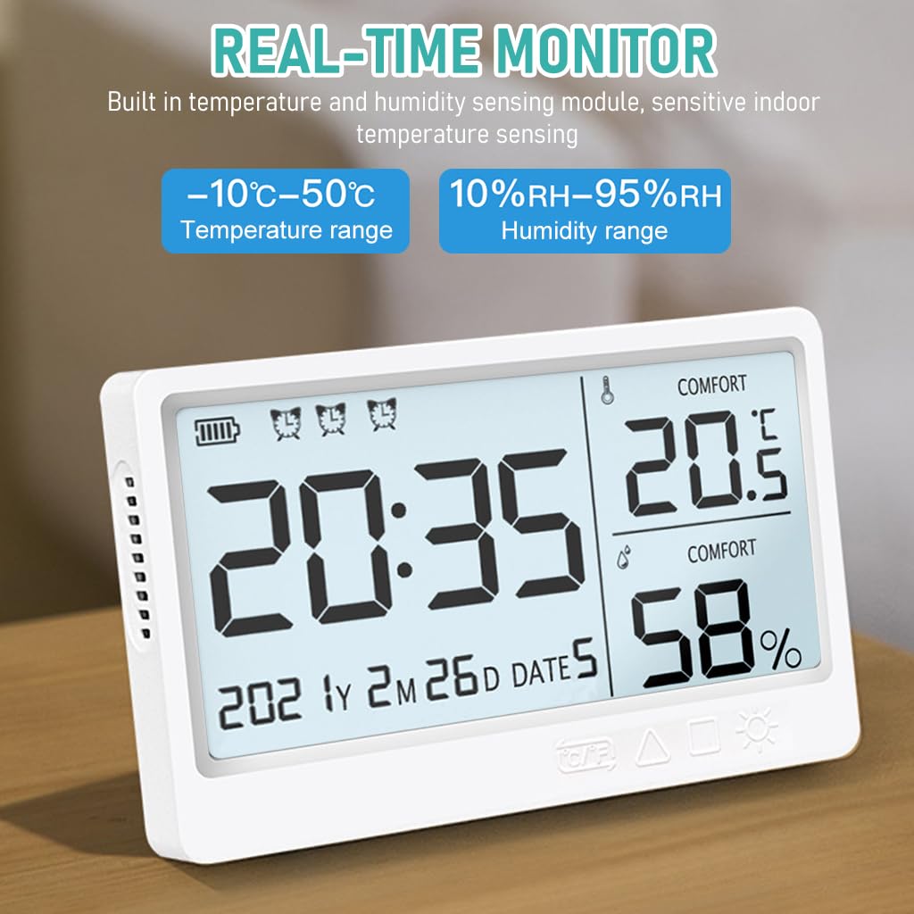 HASTHIP LCD Digital Thermometer Hygrometer Backlight 5'' LCD Digital Temperature USB Rechargeable Hygrometer Gauge Accurate Humidity Meter for Kitchen, Bed Room, Office, Green House