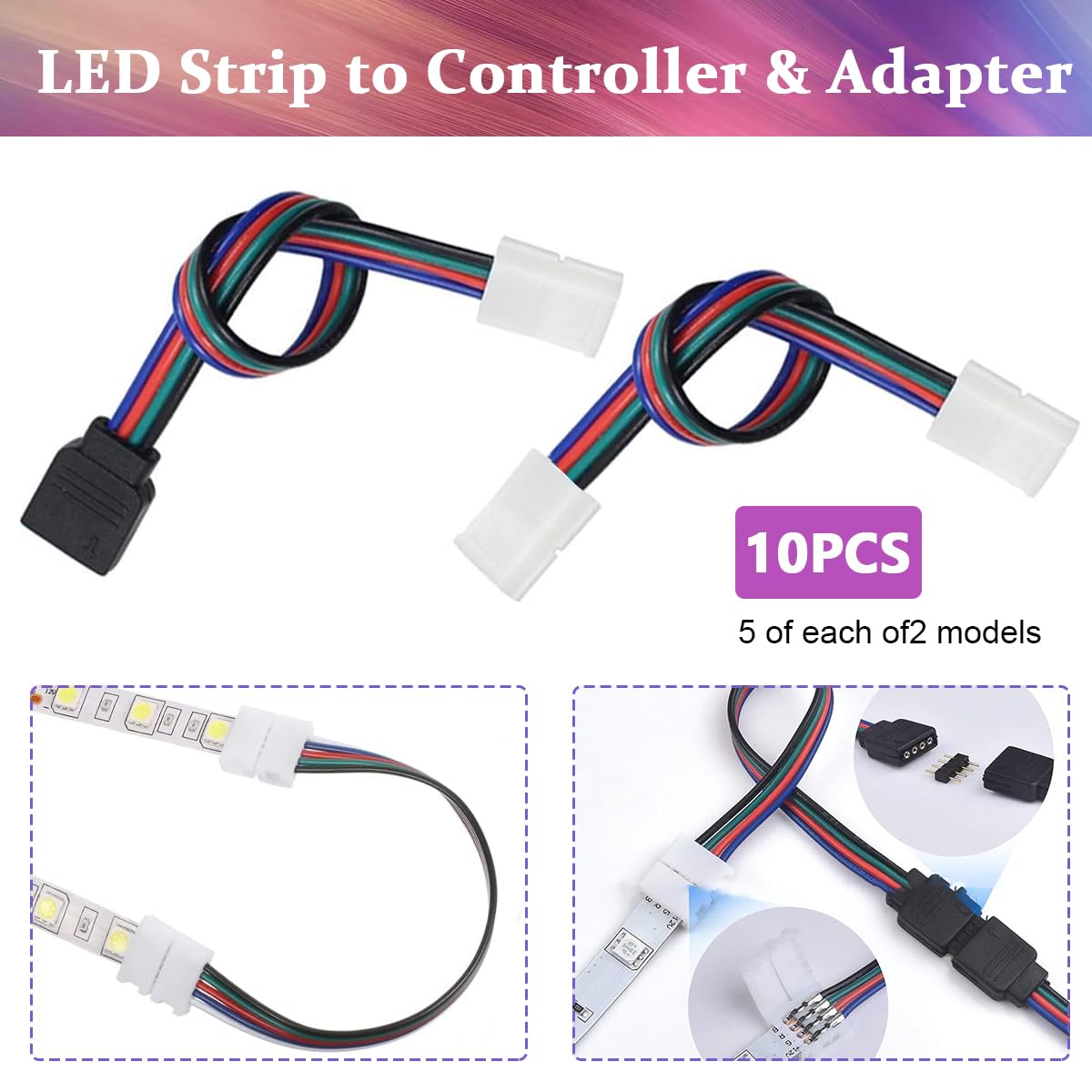 ZIBUYU 4 Pin RGB LED Strip Connector Kit for 5050 10mm Light Strip, Includes RGB Extension Cable, LED Strip Jumper, 2 Way Splitter Cable, 'L'&' T' Shape Connector, Gapless Connectors, LED Strip Clips
