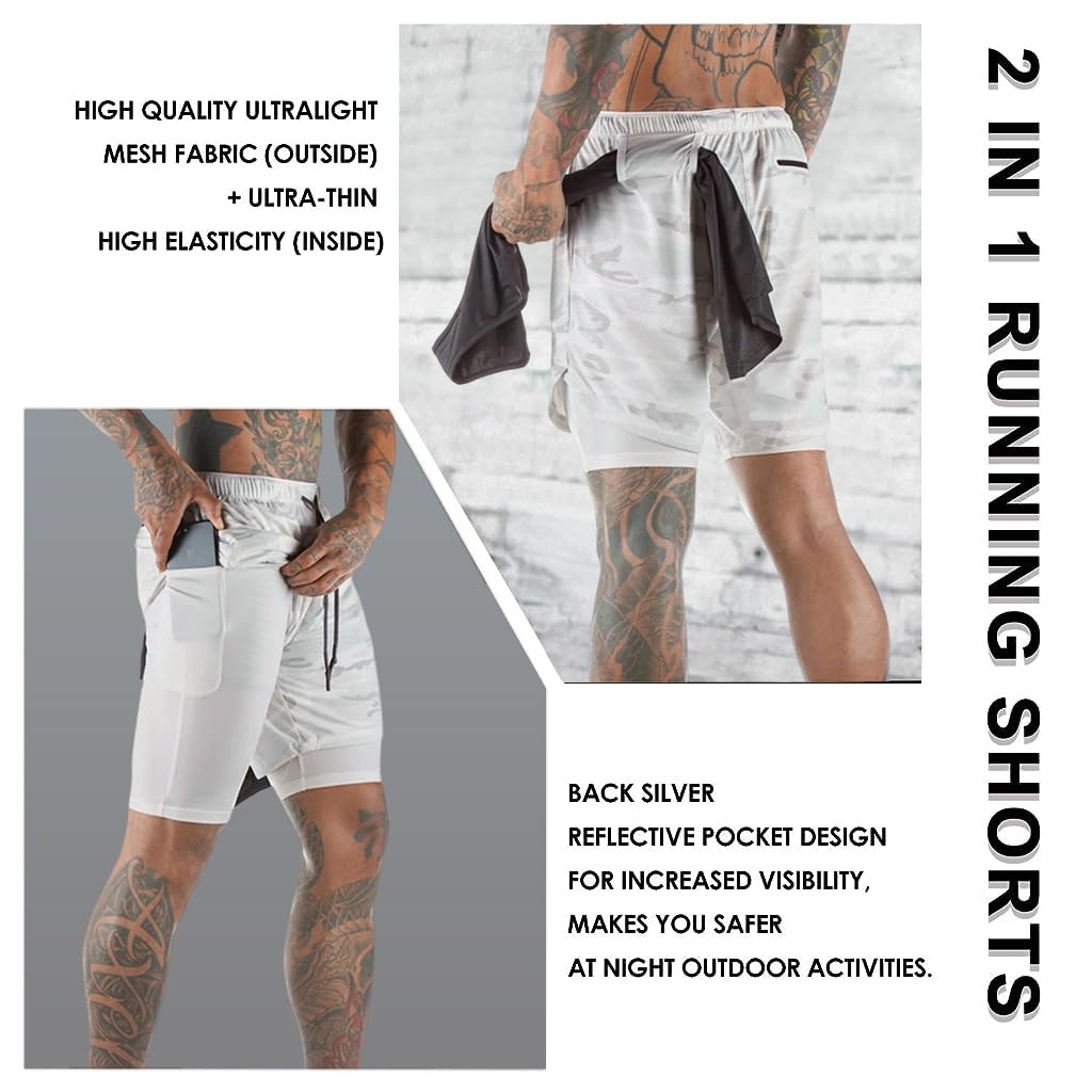 Optifit Men's Quick-Dry Running Shorts - 2-in-1 Multi-Pocket & Invisible Pouch Design for Secure Storage, Towel Loop, Elastic Waist for Running, Gym, Yoga, Hiking - Breathable Fabric (XXL)