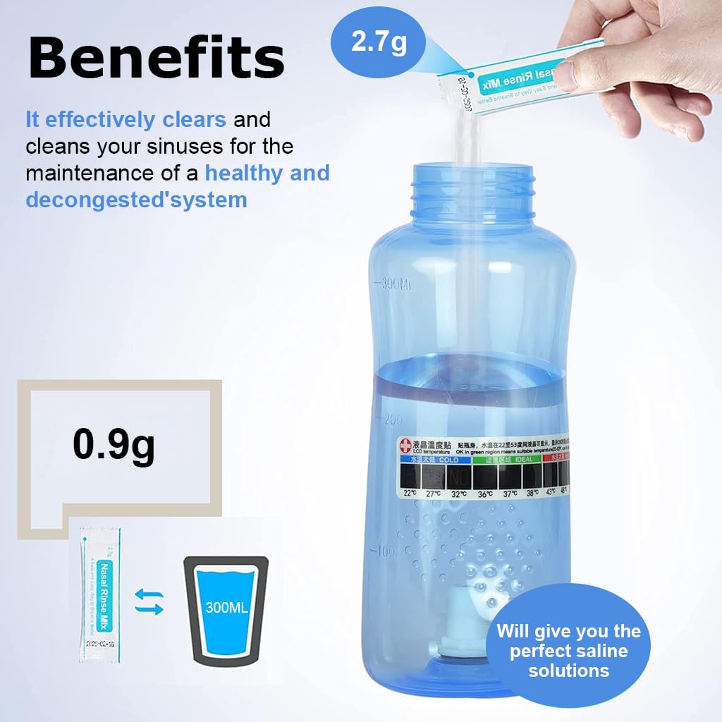 HANNEA Neti Pots for Sinus Rinse Bottle Nasal Wash Nasal Irrigation Jal Neti Pot with 2 Nozzles, 40 Nasal Wash Salt & Sticker Thermometer, Nose Cleaner Washing for Adult & Kid Travel Essentials 300ML