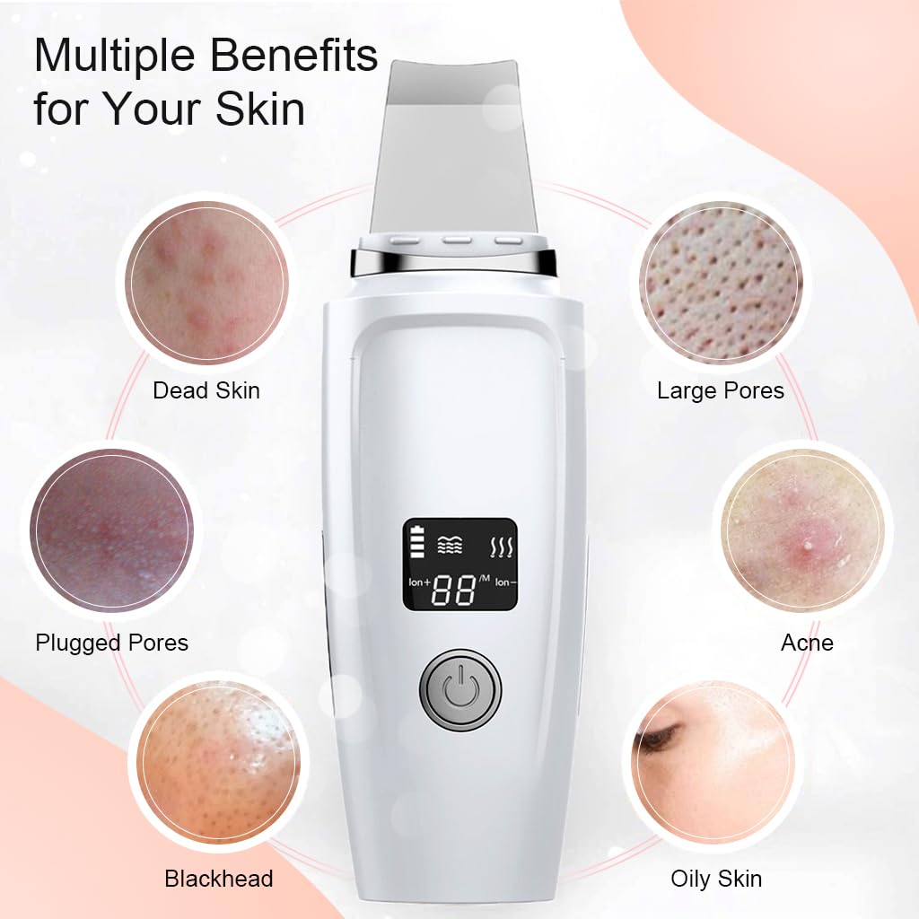 HANNEA Skin Scrubber Blackhead Remover Tool Ultrasonic Facial Cleaner Massager Machine Skin Scraper USB Rechargable 4 Modes Skin Spatul with LCD