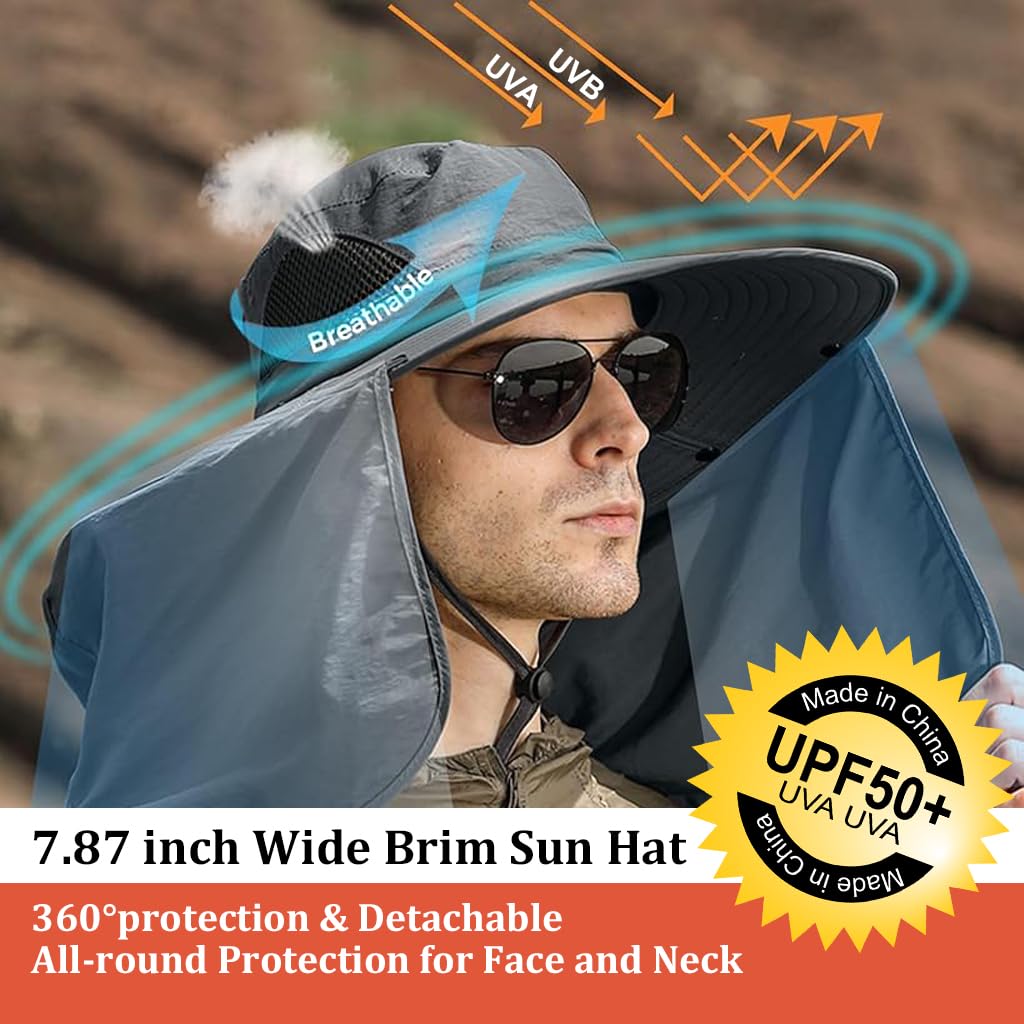 GUSTAVE Wide Brim Hat 360 Degree UV-Protection Sun Hat with Neck Flap & Removable Face Cover Outdoor Unisex Sun Hat with Chin Strap, Breathable Sun Hat for Hiking, Fishing, Gardening
