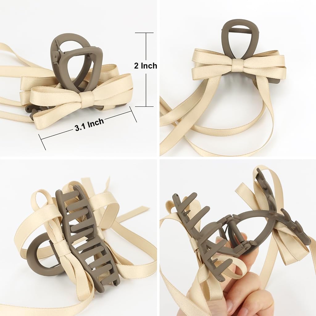PALAY 2Pcs Hair Claw Clips for Women Stylish Bow Ribbon Large Claw Clip Non-Slip Matte Claw Hair Clips Strong Hold Barrette for Medium Thick Hair - Brown & Black