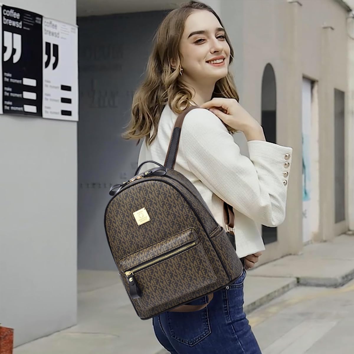 PALAY Fashion PU Backpack for Women Vintage Brown Printed Small Backpack with Handle Casual Day Bag Travel Backpack Lightweight Travel Backpack Gift for Women