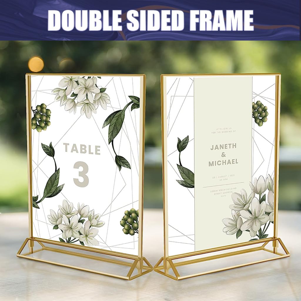 Climberty 6Pcs Acrylic Gold Sign Holders, 4x6 inch Clear Picture Frames with Gold Borders and Vertical Stand, Double Sided Table Menu Display Stand for Restaurant Signs, Wedding Table and Photos