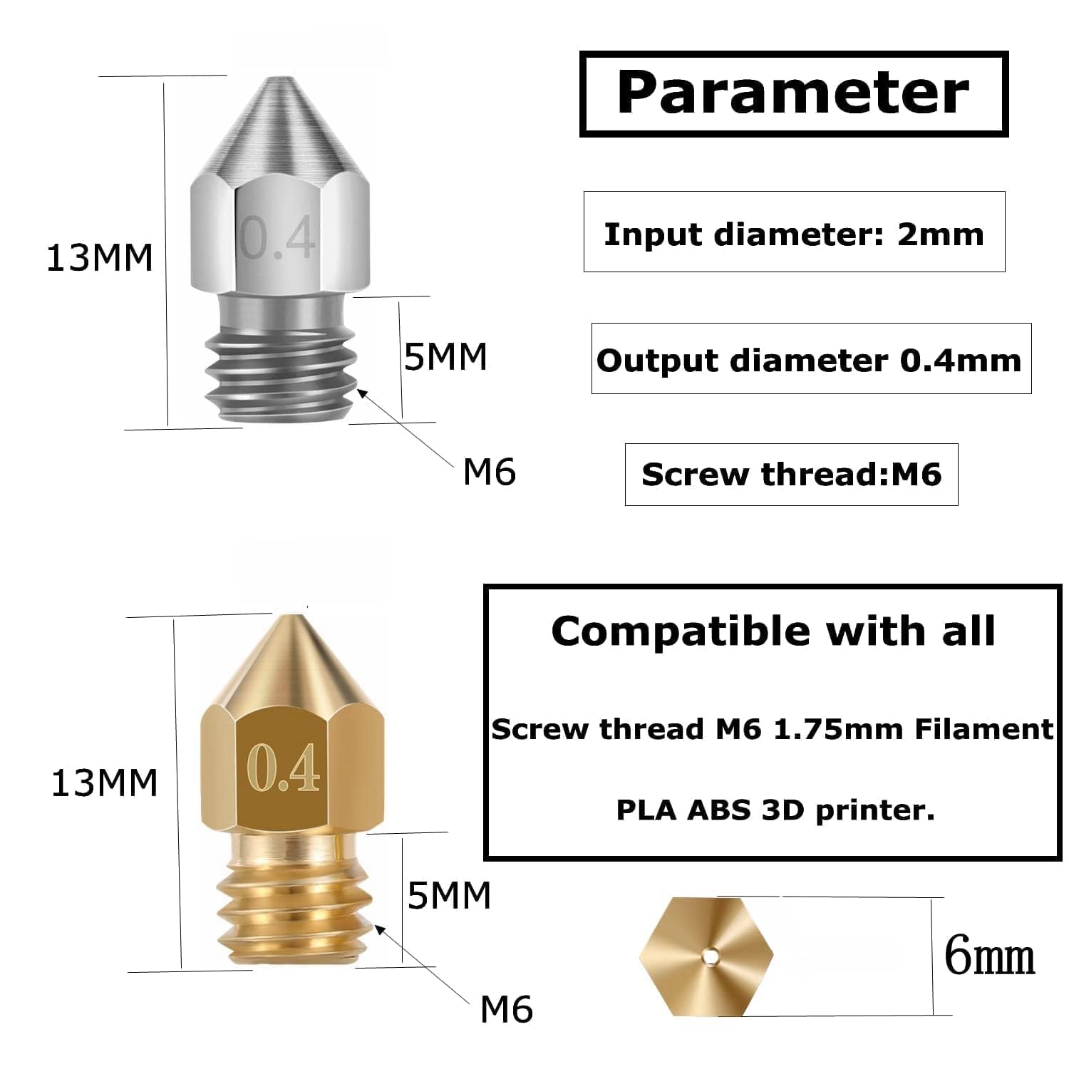 Serplex 32PCS MK8 Nozzles 3D Printer Extruder Nozzles Hardened Steel, Stainless Steel, Brass High Temperature Pointed Wear Resistant Nozzle 0.4mm Compatible with CR-10 Ender 3/ V2 Ender3 pro