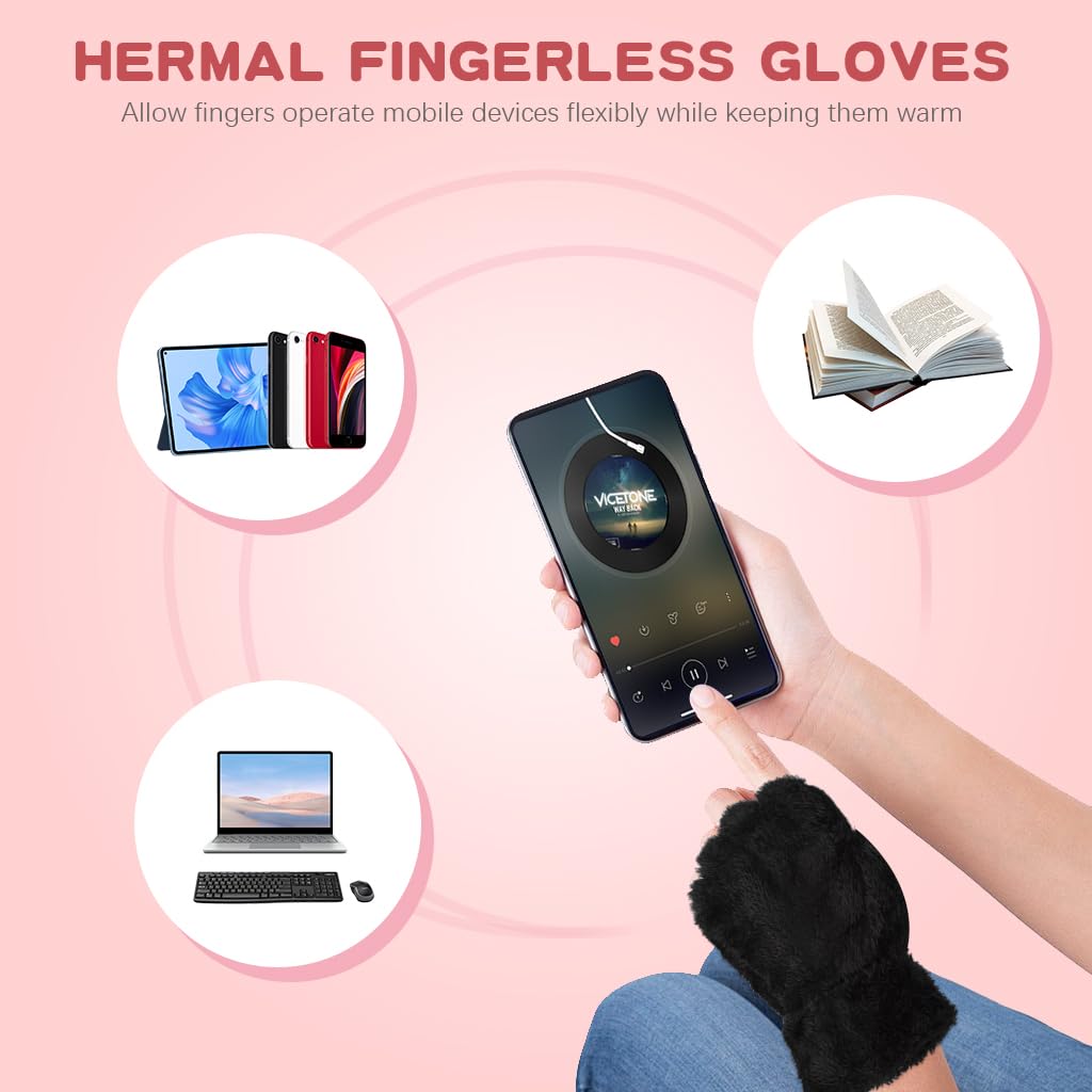 Venzina Cat Paw Winter Gloves for Women Winter Wear, Warm Plush Hand Gloves for Bike Women Gloves, Cute Fingerless Hand Gloves Cosplay Costumes for Women Girls (Black)