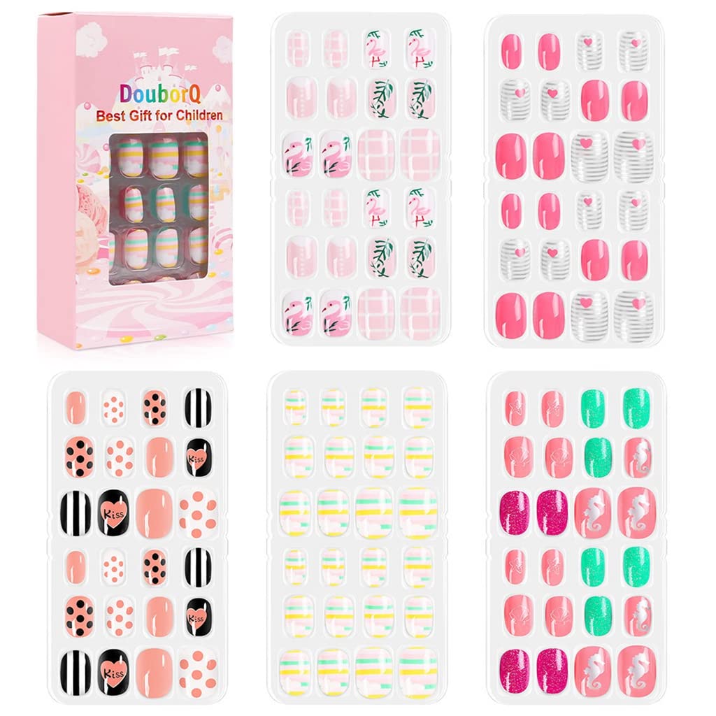 MAYCREATE 120pcs Kids Press on Nails Children Acrylic Fake Nails, Lovely Press on French Fake Nails for Girls Kids Christmas Gift Nail Design Decoration