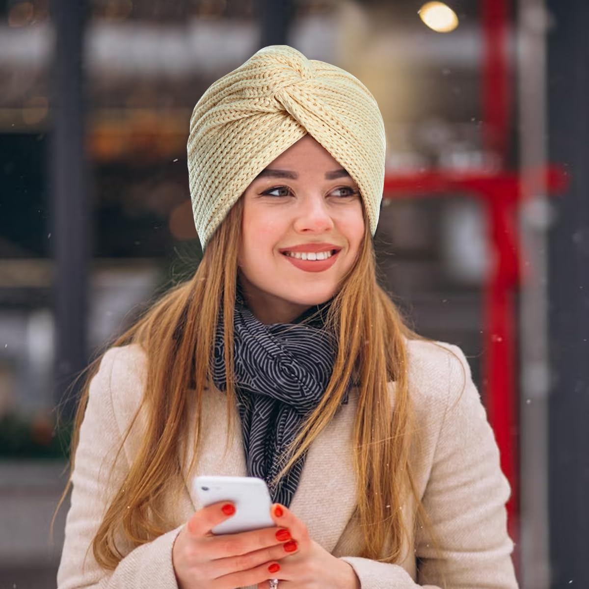 PALAY Turban Cap Winter Cap for Women Woolen Cap for Women Winter Warm Caps Fashion Knitting Hat Stretchy Knitting Couple Cap Crochet Cap Gift Winter Clothes for Women (Beige)