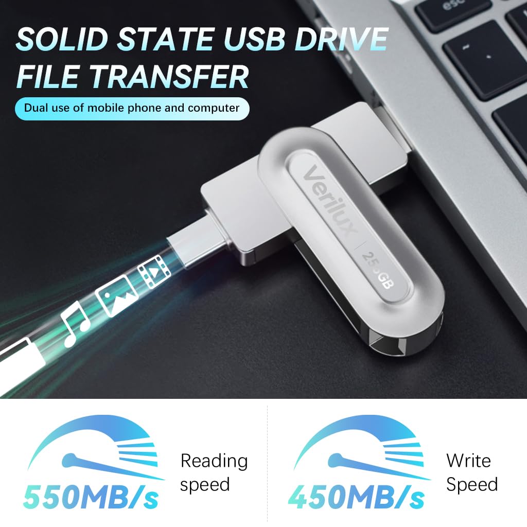 Verilux 256GB USB 3.2+ Type C Hi-Speed SSD, Maximum Read Speed 550MB/s, Maximum Write Speed 450MB/s