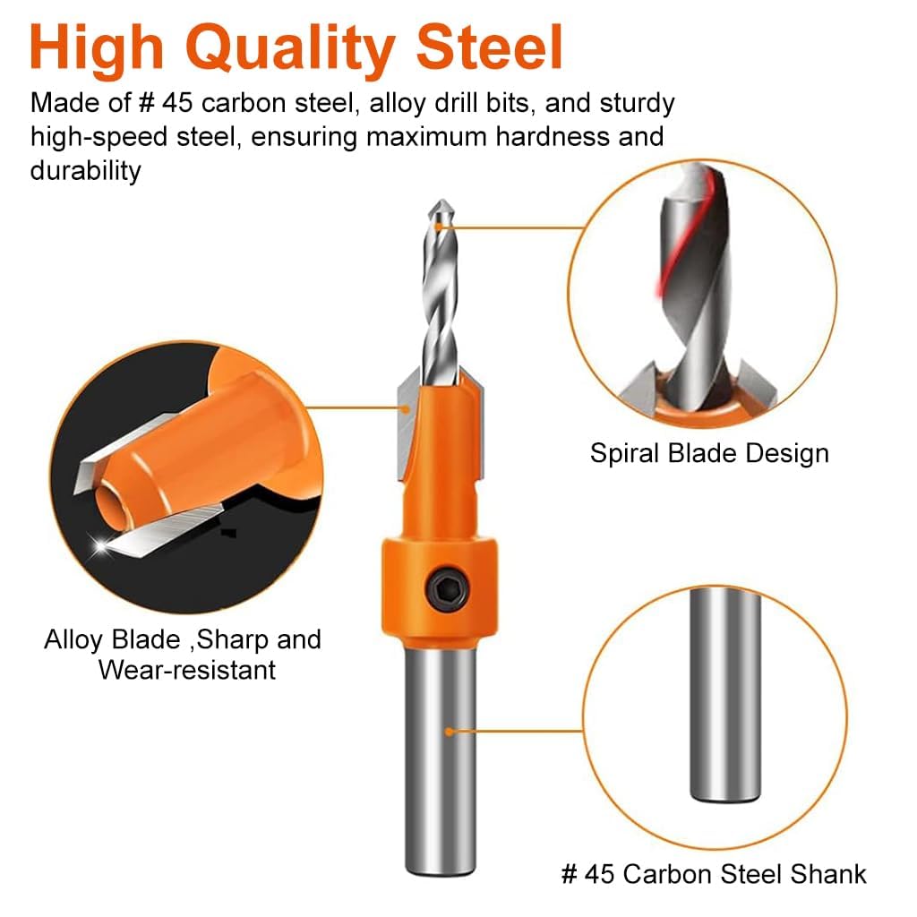 Serplex 10Pcs Wood Countersink Drill Bit Set, 5Pcs Countersink Drill Bit with 5Pcs Extra Pilot Drill Bit, Tapered Drill Bits with 8mm Round Shank, Counter Sinker Drill Bit Set for Woodworking