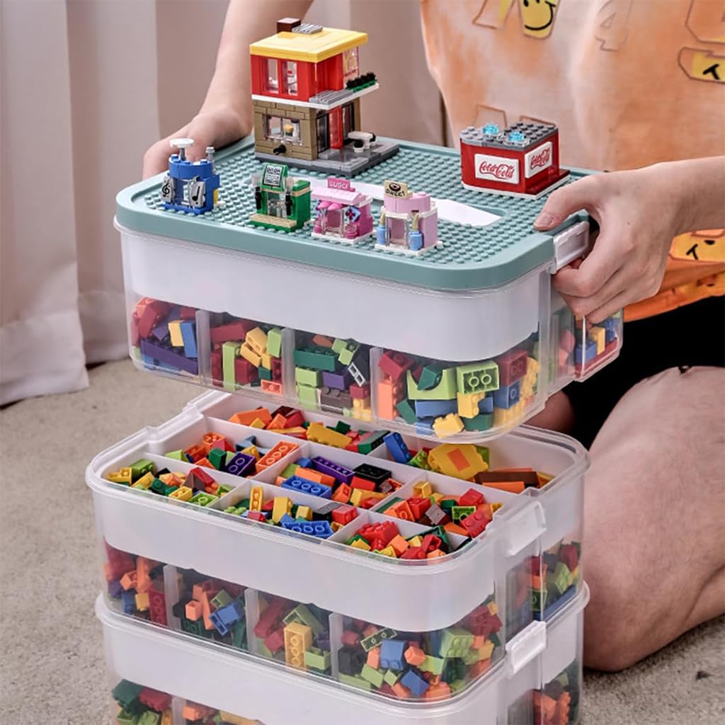 PATPAT Kids Toy Storage Case Double Layer Multi Compartment Building Blocks Bulk Toy Bricks Storage Case Portable Kids Toy Storage Case with Lid, 30.5x23x12.5cm