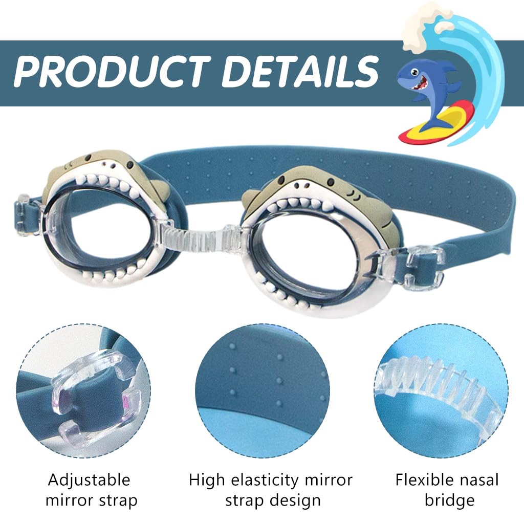 Proberos Kids Swimming Goggles, Boys&Grils Adjustable Strap Goggles for Swimming, Cute Shark Shape Waterproof Swimming Goggles Swimming Goggles Anti-Fog, UV Protection for Kid(Age 3-10)