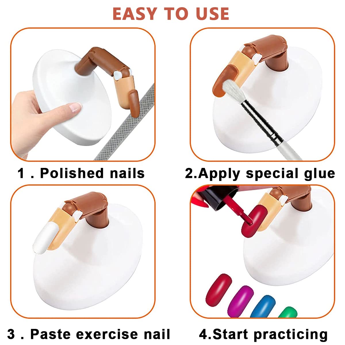 MAYCREATE Nail Art Practice Fake Finger Model for Acrylic Nails Includes 3 Action Finger Models, 1 Finger Model Base, Pack of Fake Finger Nails, Plastic Training Fingers Model for Nail Art Beginners