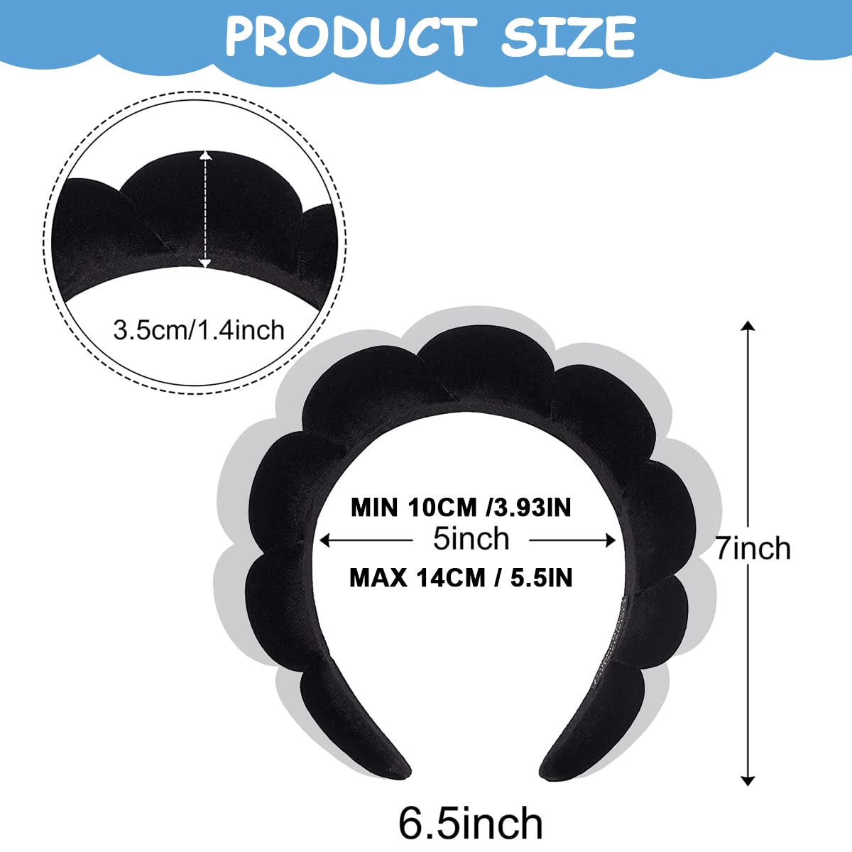 MAYCREATE Facial Spa Headband for Women Girls, Soft Sponge Headband for Face Washing, Shower, Makeup Headband Fashion Clouds Hairband Non Slip Hair Hoop Headwear, Black