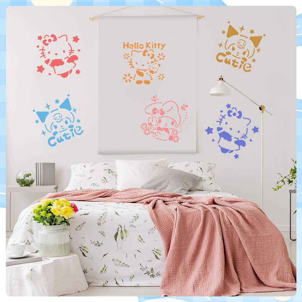 HASTHIP 16Pcs Cartoon Painting Stencils Sanrio Character Cut-Out Painting Stencils 5x5 Inches Reusable PET Painting Stencils for Wooden Crafts Spray Painting Stencils Assorted Decorative Templets