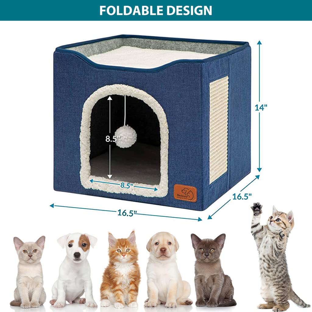 Qpets Cat Beds for Cats Large Cat House Cat Cave for Pet Cat House with Fluffy Ball Hanging Toy and Scratch Pad, Foldable Cat House Cat Hidewawy, Blue, 16.5x16.5x14 inches