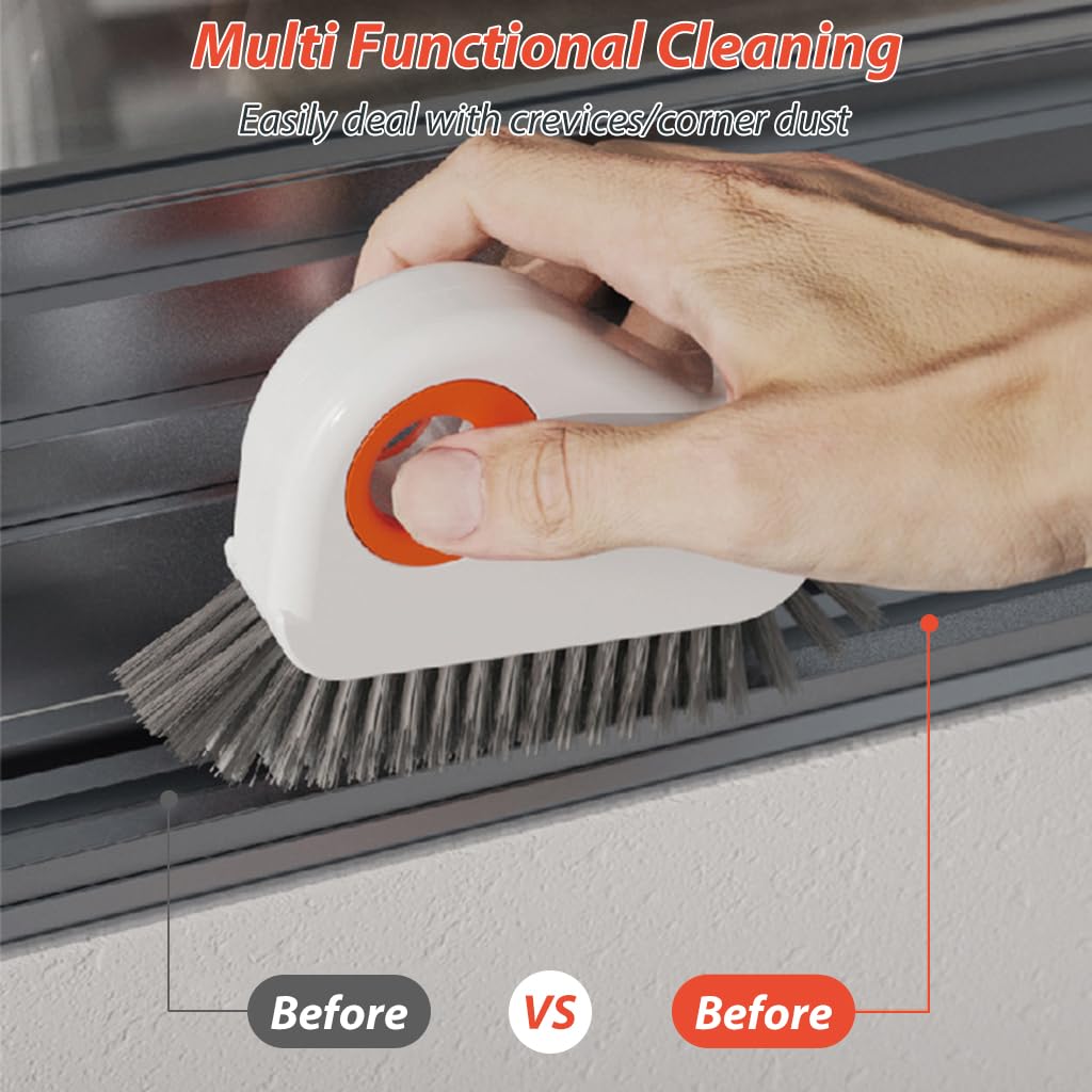 HASTHIP 2 in 1 Groove Cleaning Brush Window Track Cleaning Tools, Multifunction Bristle Crevice Cleaning Brush with Hidden Scraper, Grout Cleaner Grip Brush for Sliding Door Track
