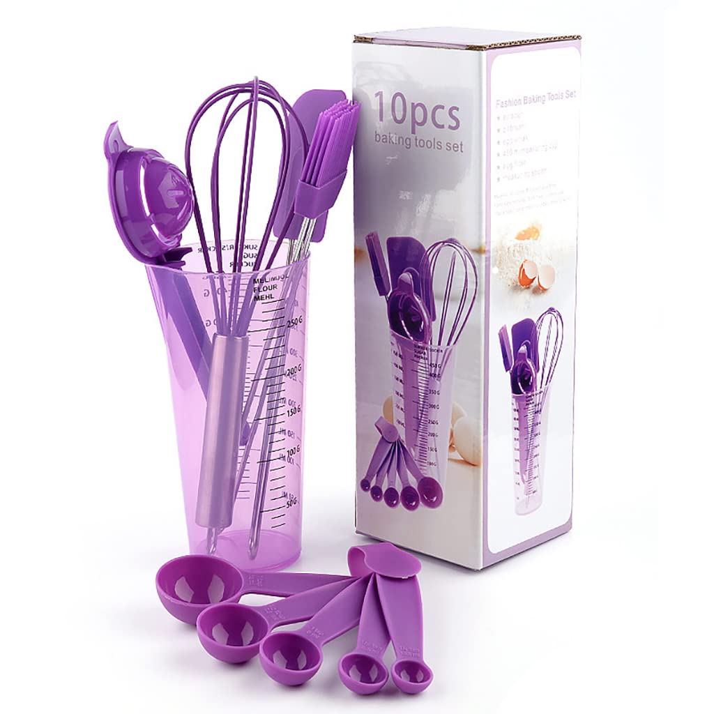 HASTHIP 10Pcs Measuring Spoons Cups Silicone Kitchen Utensils Spoon Set, Include Egg Strainer, Oil Brush, Scraper, Egg Beater, Silicone Cooking & Baking Tool, BPA-Free, Dishwasher Safe (Purple)