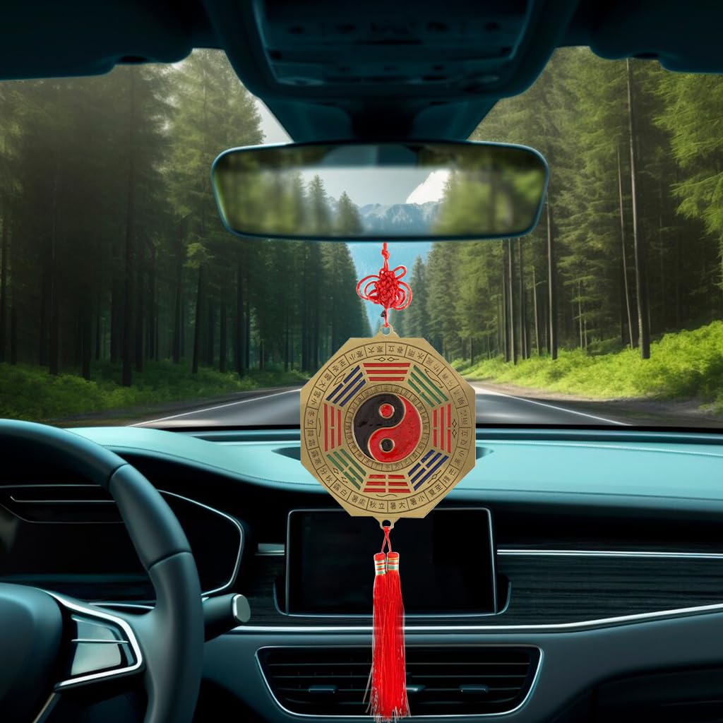 HASTHIP Chinese Feng Shui Bagua Mirror Feng Shui Bagua Brass Mirror Yin Yang Chinese Zodiac Engraved Bagua Mirror Auspicious Red Chinese Knot Bagua Chien Kun Mirror Wall Home Decor, 10cm