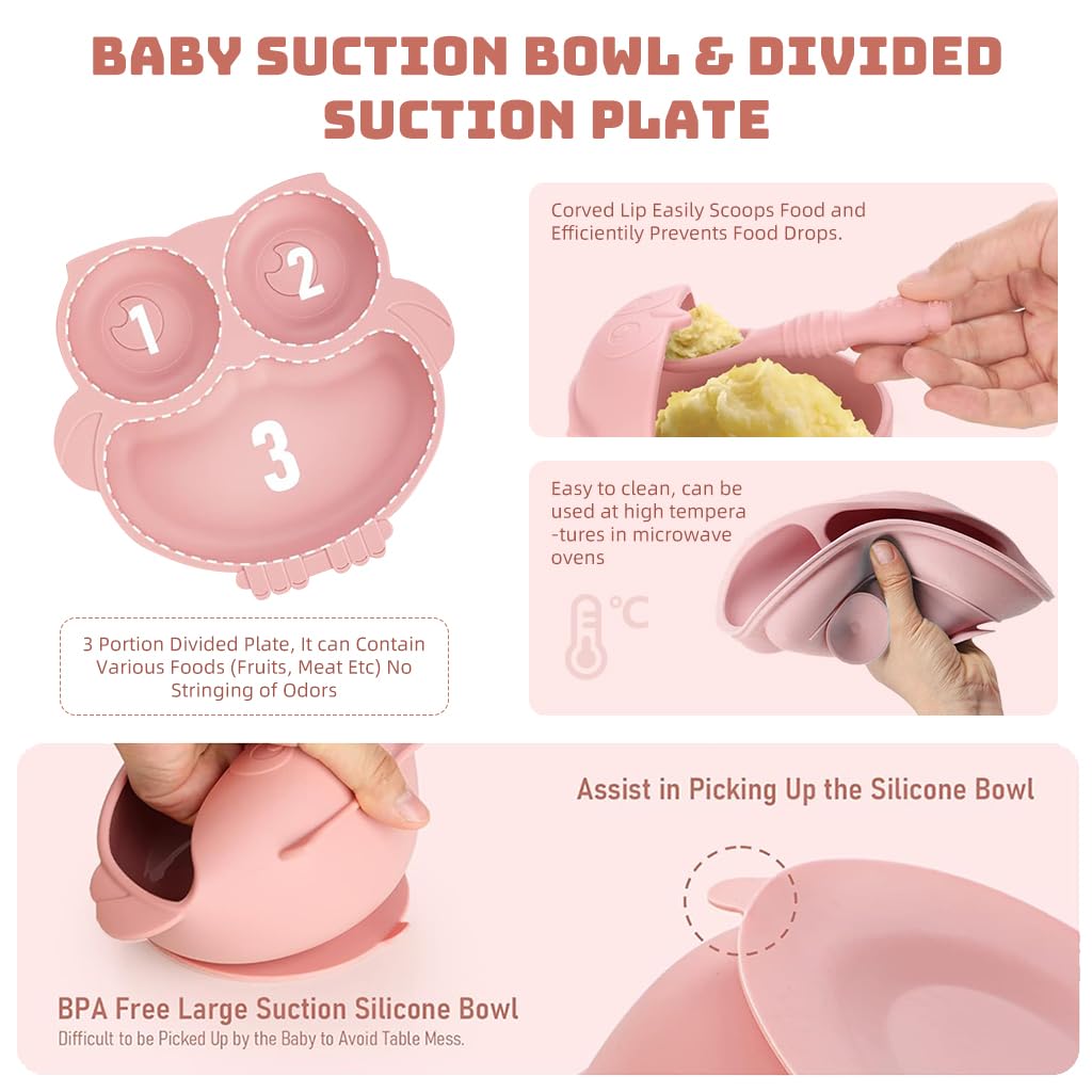 SNOWIE SOFT Baby Feeding Set of 10Pcs Food Grade Toddlers Silicone Food Plate Sipping Cup Bowl Set with Silicone Bib, Baby Cutleries, Self-Feeding Tableware Set for Toddlers, Sterilizable, Pink
