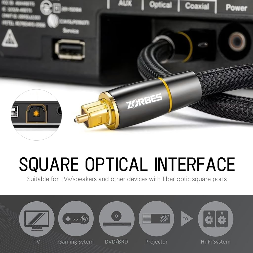 ZORBES 6.6FT Optical Audio Cable, Braided Optical Audio Cable, Gold-Plated Pin Digital Audio Fiber Optic Cable Toslink, Compatible with Sound Bar, Home Theater, TV, PS