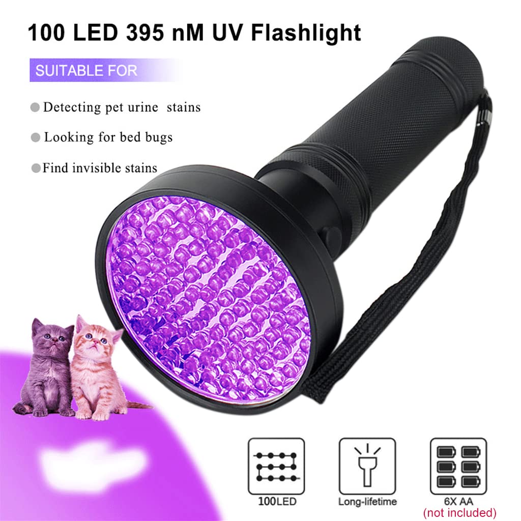 Qpets 100 LEDs UV Torch Light, UV Flashlight Black Light UV Light Torch for Pet Urine Detection, Blacklight Detector for Dog Urine, Pet Stains, Bed Bug on Carpet/Rugs(Without Battary)