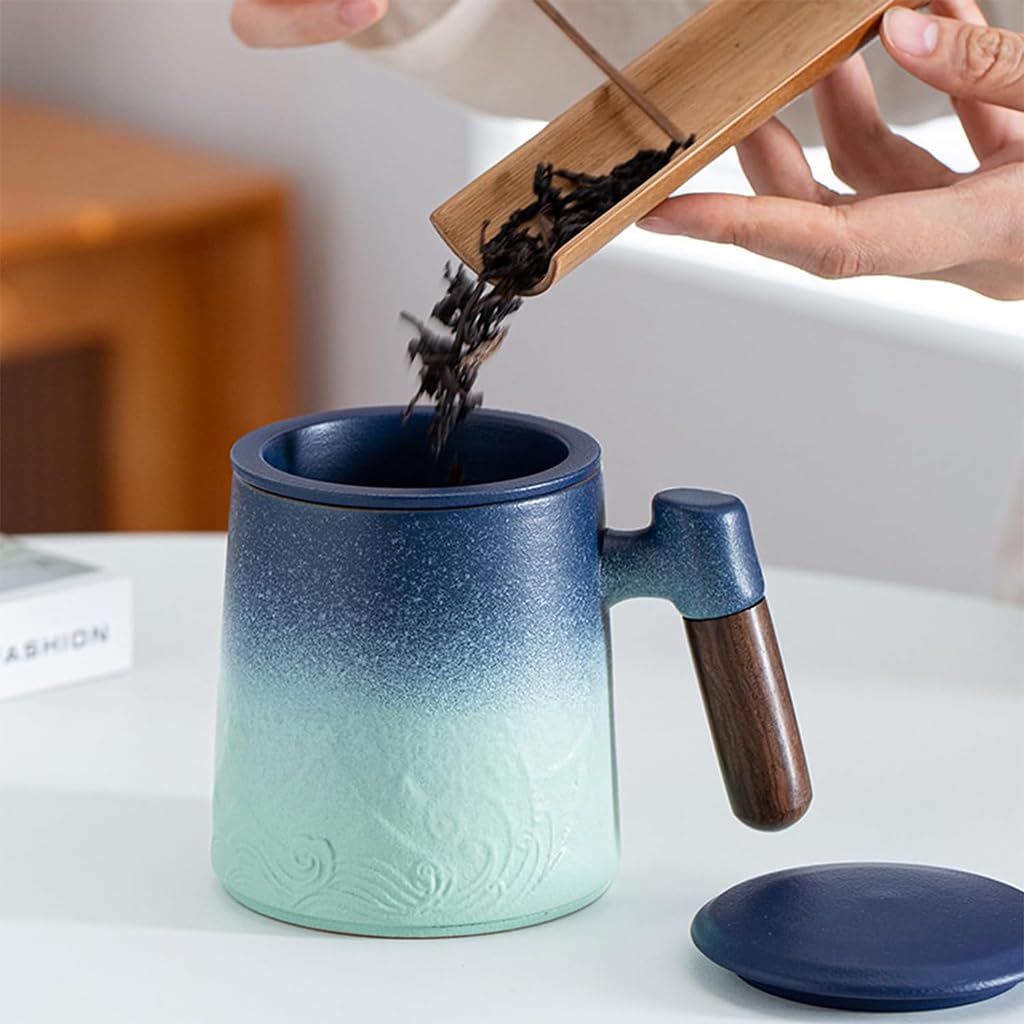 Supvox Tea Cup Ceramics Tea Cup with Separate Ceramics Tea Infuser Ceramics Gradient Blue Tea Mug Carving Mug Wall Design with Wooden Handle Ceramics Tea Mug with Gift Packing Ideal Gift