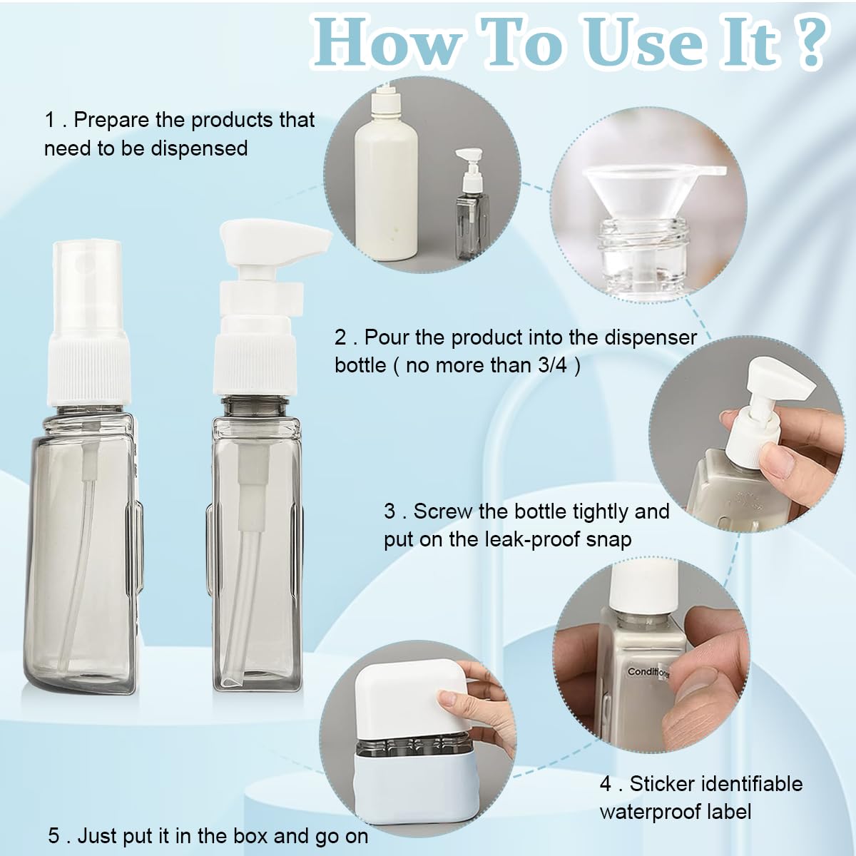 MAYCREATE Travel Bottles Leak Proof, 4 in 1 Travel Containers for Toiletries, Refillable Plastic Bottles with Lid, Travel Accessories Shampoo Conditioner Bottles, Blue